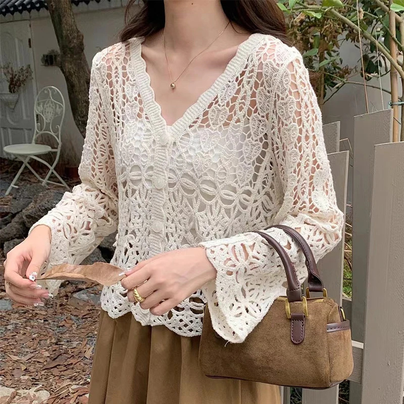 Women Spring Summer 2024 Lace Crochet Shirt Cardigans Long Sleeve Top Cropped Cardigan Knitted Cardigan Crop Top