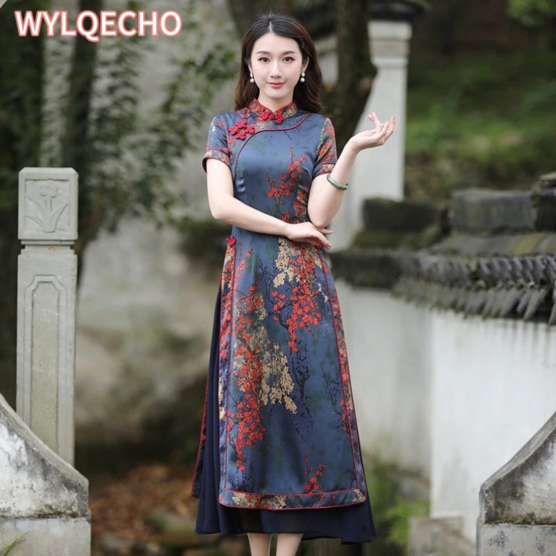 

Vintage Vietnam Traditional Ao Dai Flower Print Chiffon Long Cheongsam Chinese Qipao Wedding Evening Slim Dress Oriental Qipao