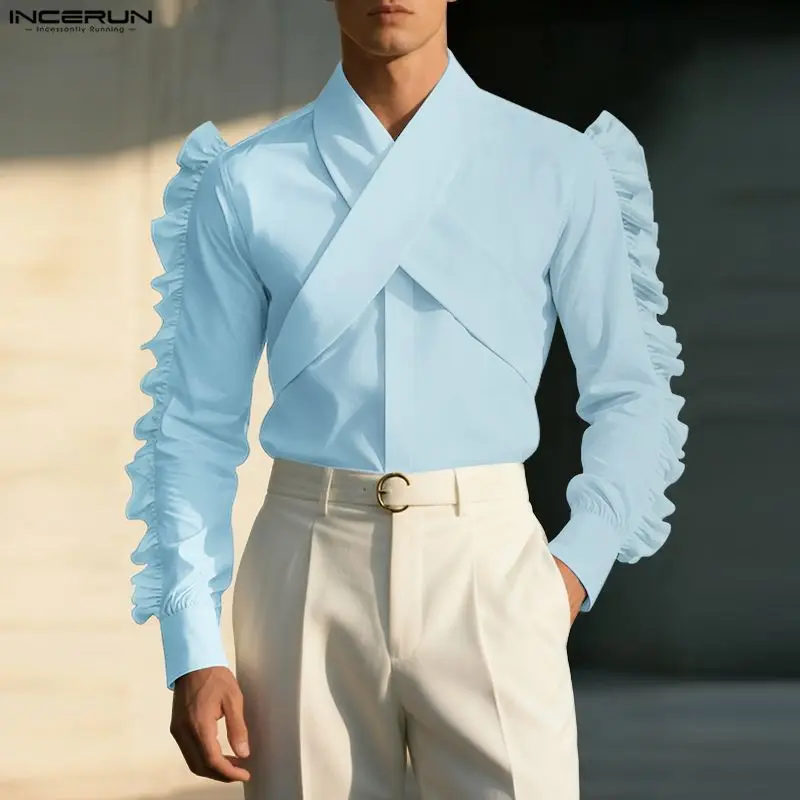 INCERUN hommes chemise couleur unie revers à manches longues à volants décontracté hommes vêtements 