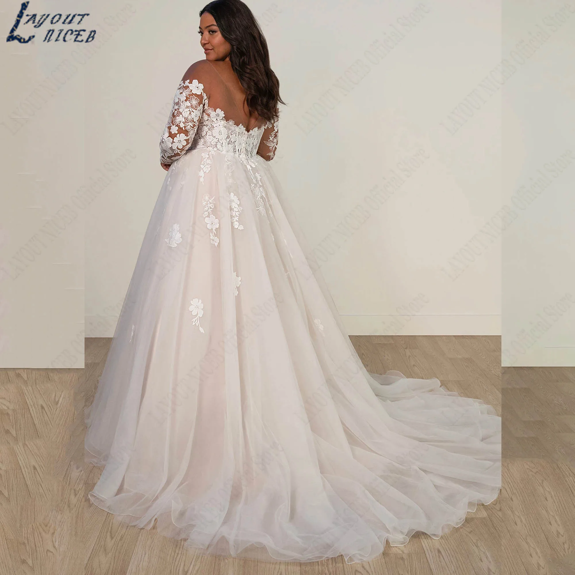 

Plus Size Lace Tulle Ballgown Wedding Dresses With Long Sleeves A-line Bridal Gowns O-neck Illusion vestidos de novia Customized