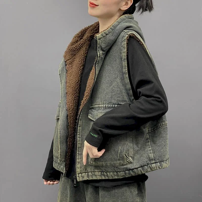 

Denim Waistcoats for Women Vests Fleece Hooded Casual Sleeveless Cardigans Oversized Thickened Jackets Korean Style Women Tops