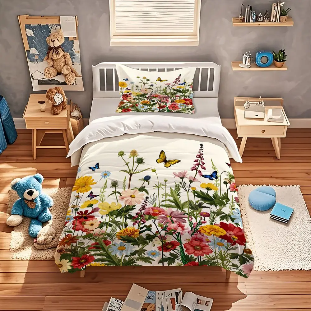 Butterfly Duvet Cover Set Botanical Wildflower Bedding Set Digital Print Soft Microfiber Quilt Cover Home Bedroom Decor