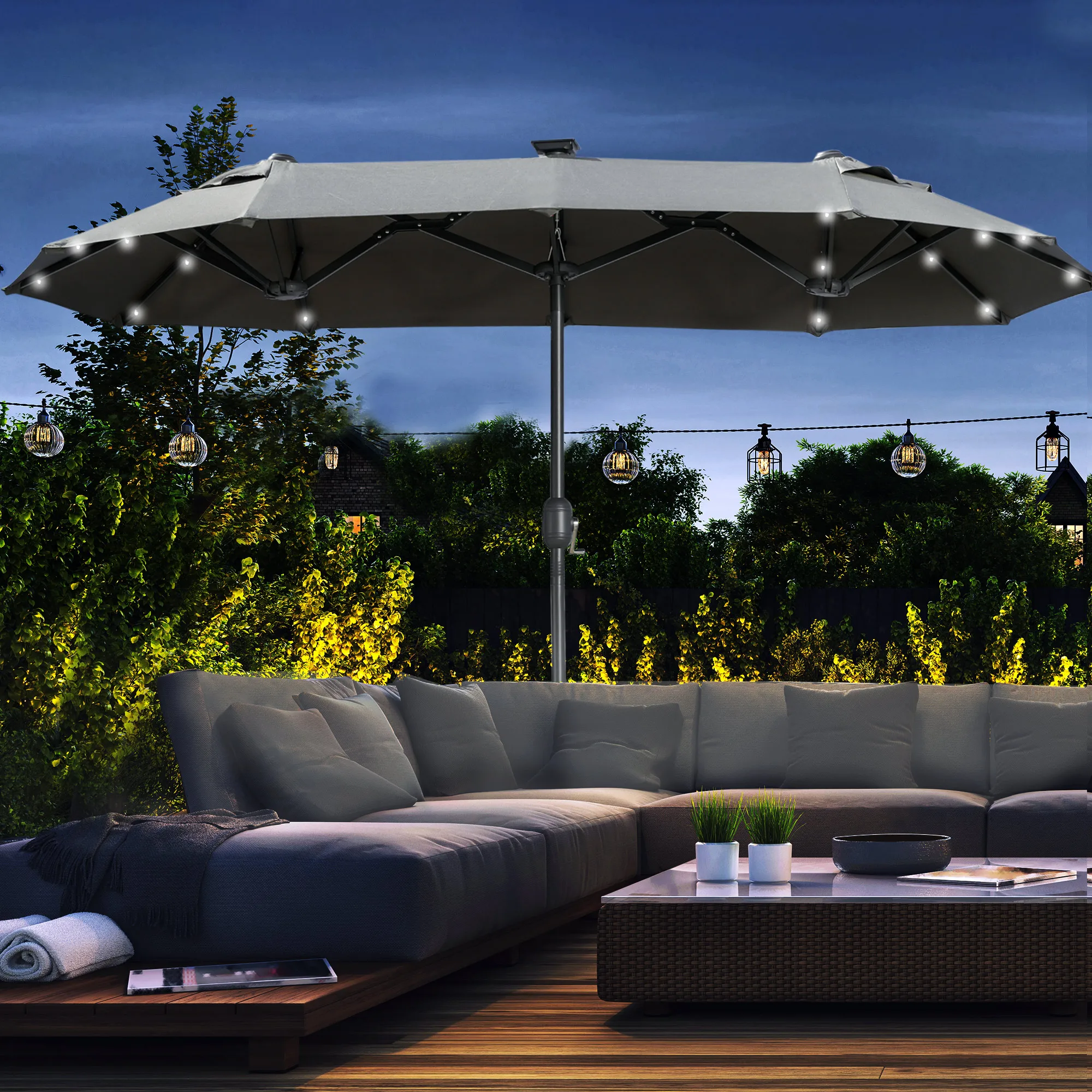 295x219cm donkergrijze dubbele terrasparasol met LED-verlichting – grote ovale marktparasol met kantelfunctie voor tuin en zwembad
