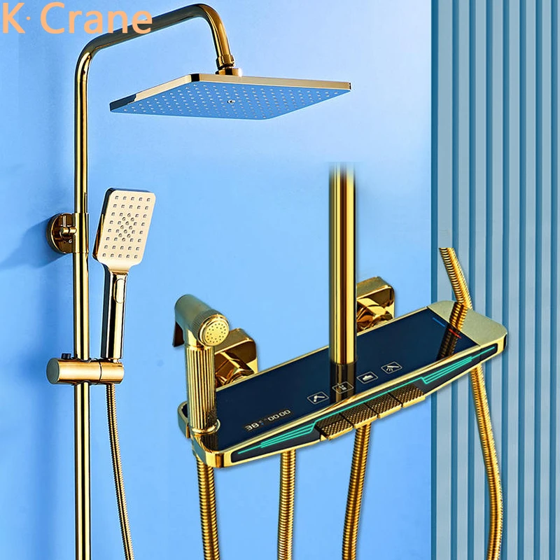 

Gold Bath Shower Mixer Set Bathroom LED Digital Hot Cold Shower System Bathtub Wall Mount SPA Rainfall Piano Atmosphere Taps Set