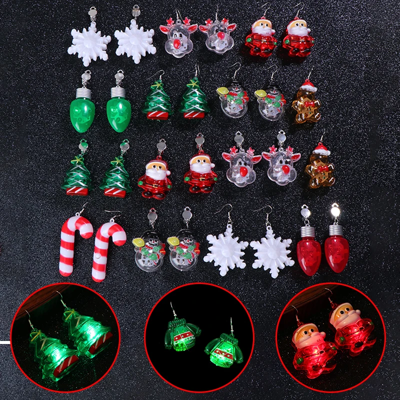 Luminous Merry Christmas Earrings Santa Claus Christmas Tree Xmas Snowman Ear Clips Shiny Jewelry LED Drop Earrings