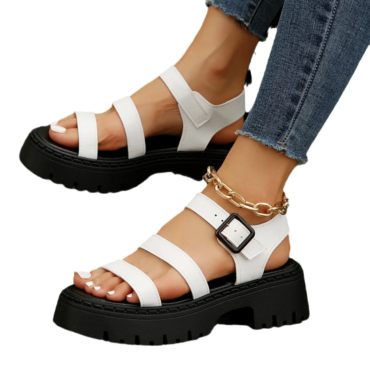 Black Platform Wedge Punk Sandals Women Summer PU Leather Thick Sole Sandals Woman Buckle Strap Non Slip Roman Shoes 43 Size 39