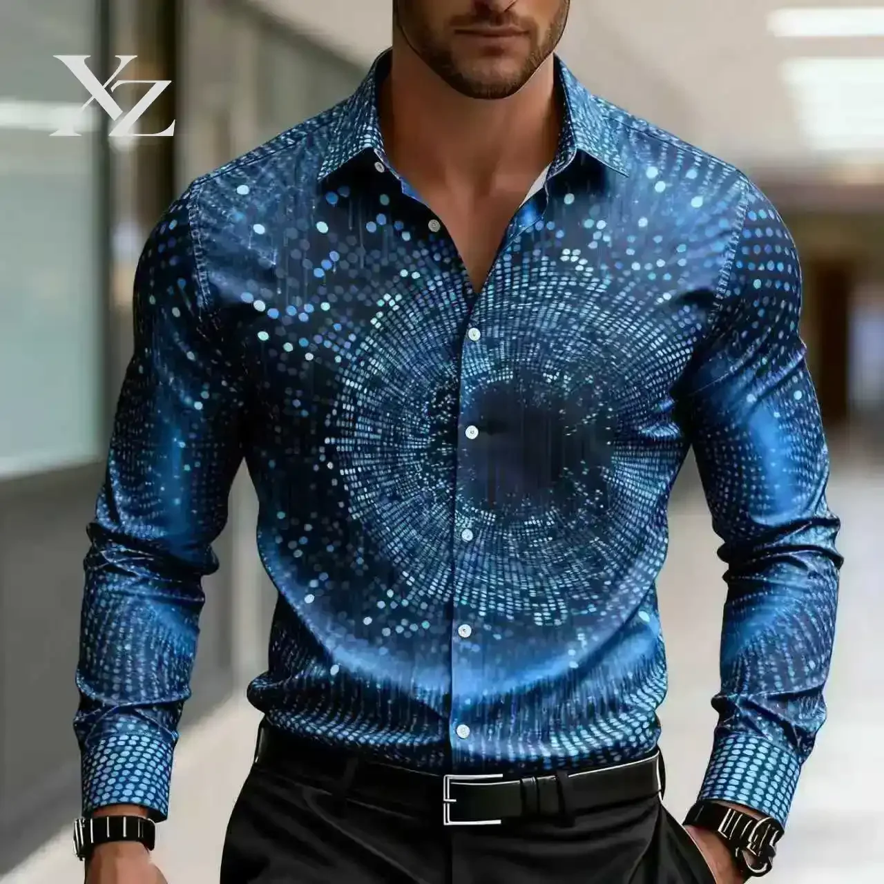Premium Men's Geometric 3D Printed Long Sleeved Button Up Shirt with Modern Fan-Shaped Striped Pattern