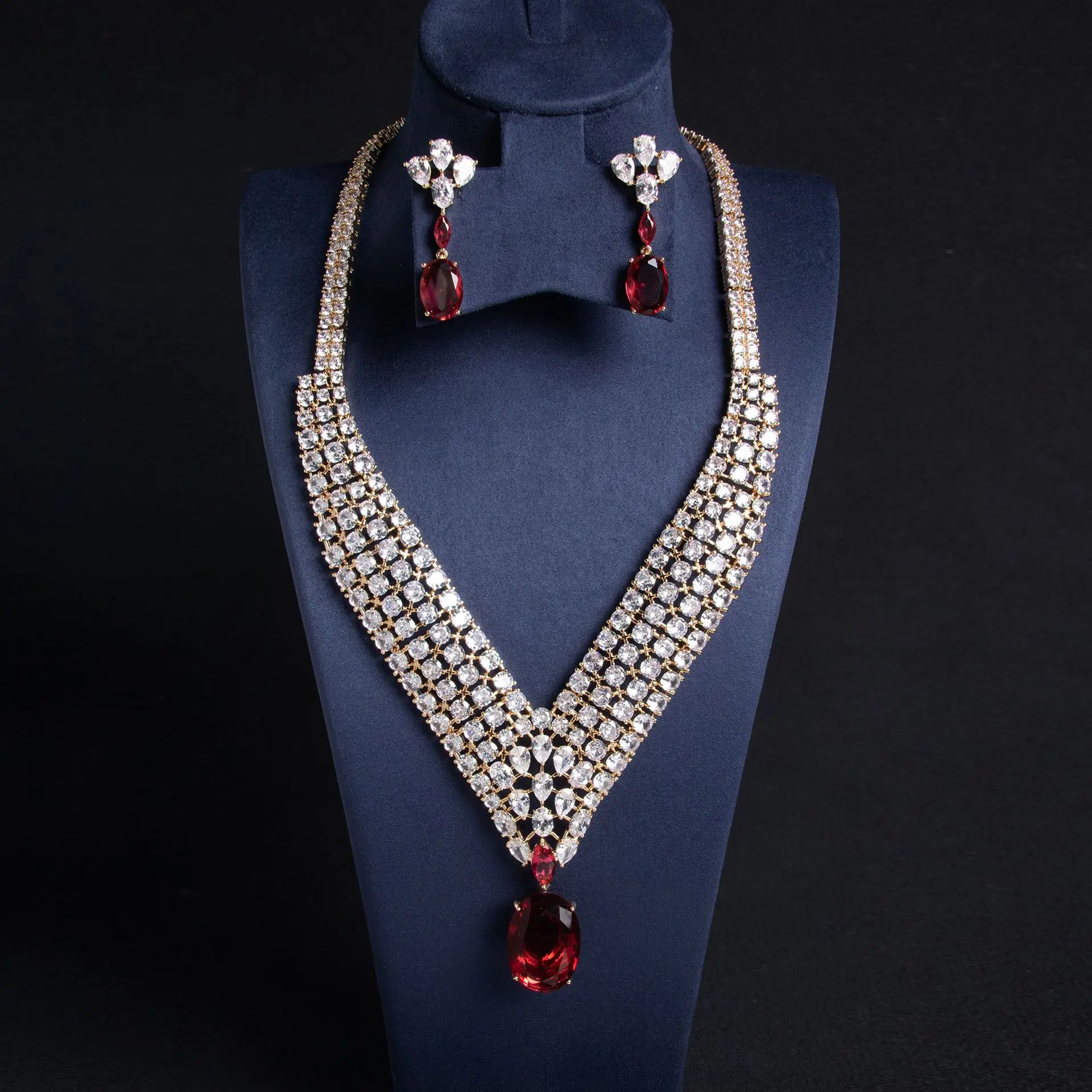 

Water Drops Hip Hop Luxury Zirconia Jewellery Necklace Earrings Long Pendant Set Bridal Party Gift Evening Accessories M-296