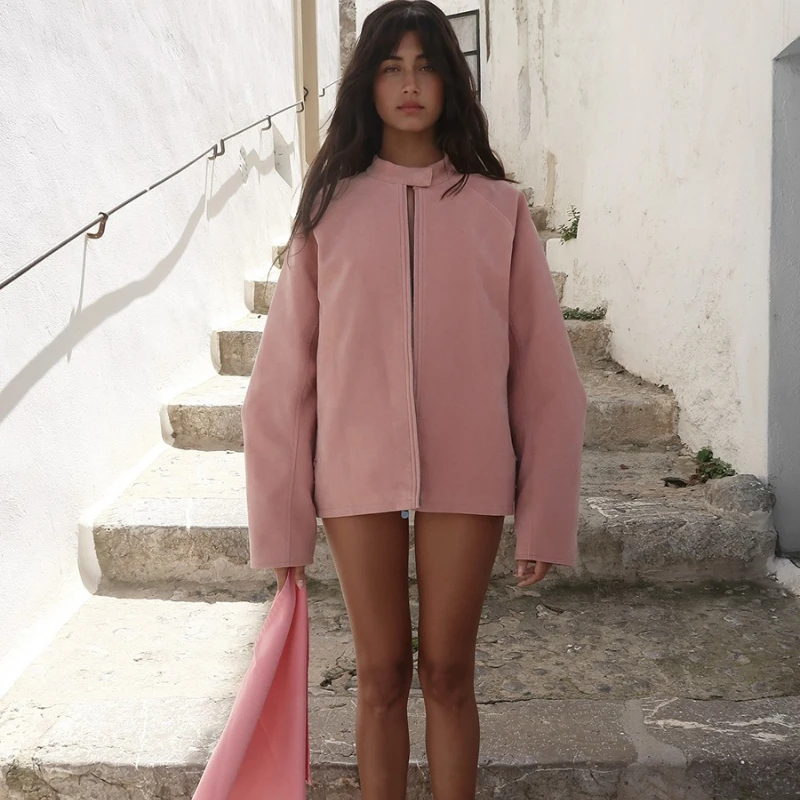 Tornova Fashion Suede Long Sleeve Jacket Women's Stand Collar Vintage Zipper Casual Loose Coat Autumn New Lady High Street Coat