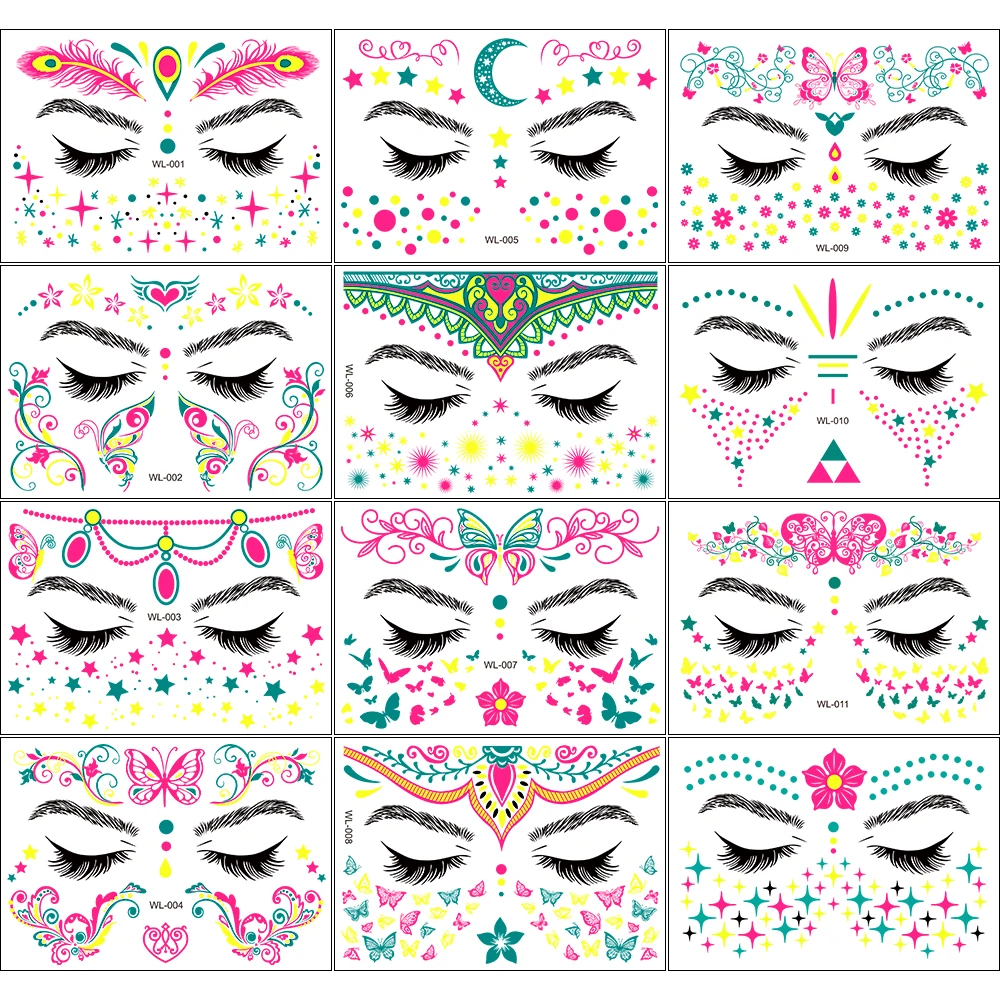 4/8/12/24Pcs Fluorescent Face Stickers Flower Waterproof Glowing Temporary Tattoo Sticker For Party/Music Festival Face Decals *