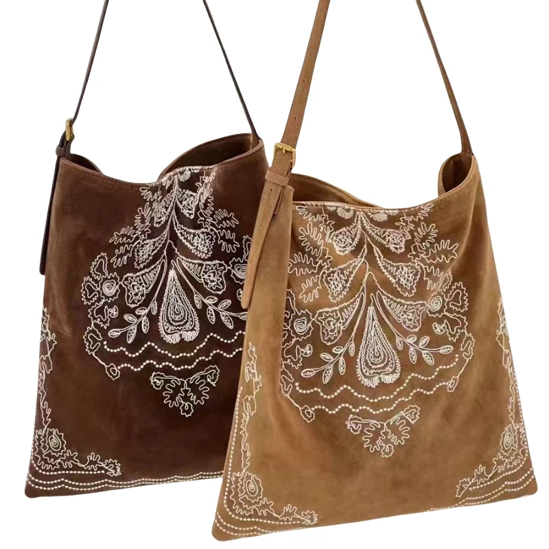 

Сумка на одно плечо из матовой искусственной замши с вышивкой в богемном стиле, большая вместительная ретро и универсальная большая сумка для женщин, 2025 г.