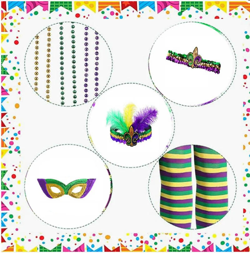 Set di accessori per costumi Mardi Gras da 7 pezzi gonna Tutu, mezza maschera in finta piuma, perline Mardi Gras, calzini lunghi per donne e ragazze