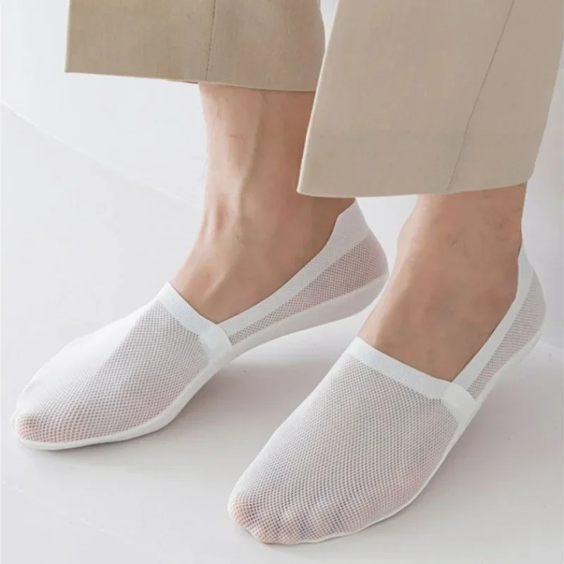 Summer Low Cut Boat Socks Hollow Out Mesh Breathable Ice Silk Sock Slippers Men Male Silicone Non-slip Invisible No Show Socks