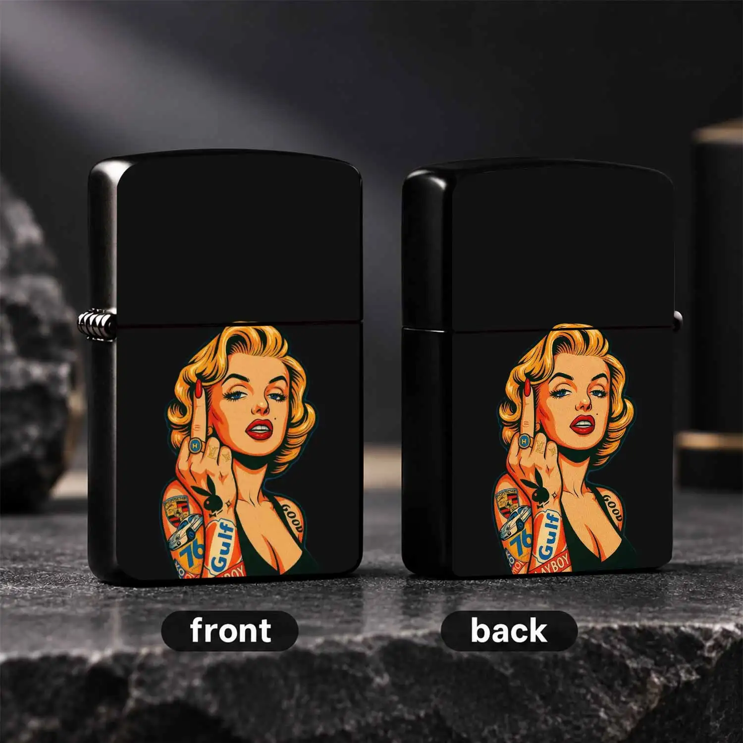 RetroArt MarilynLighter, Cool Middle Finger Gesture With Trendy Brand Tattoo Elements, Stylish Unique Portable Accessory, Ideal For Daily Carry, Gifting To Pals For Party Holiday Any Occasion A Humorous And Interesting Lighter