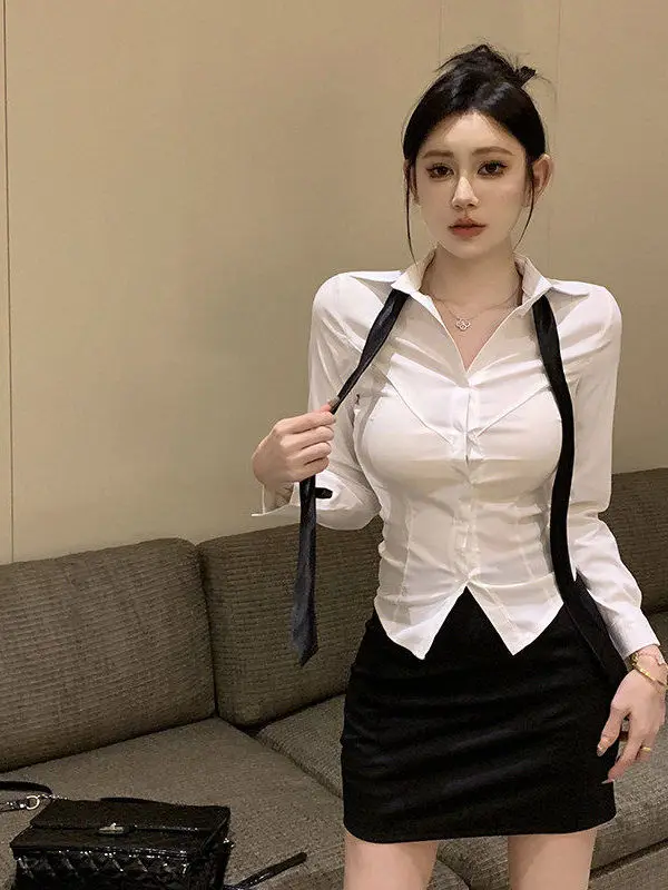 

Slim Fit Long Sve irt Women's Spring Autumn New Sle Sexy Waist Cinching Tie irt JK orm Set High Waist Collar