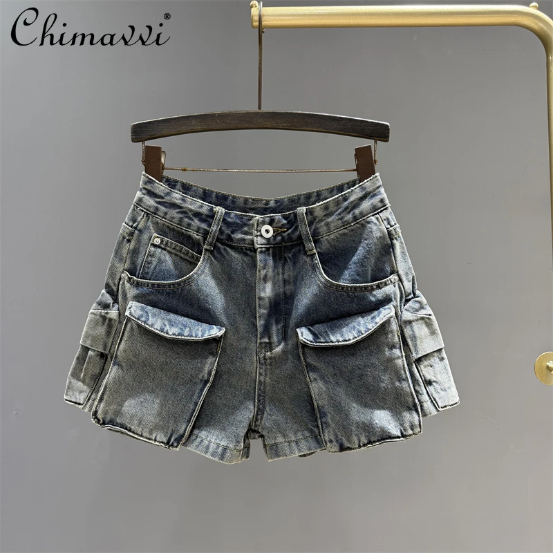 

Vintage High-waisted Denim Tooling Shorts for Women's 2025 Summer New Fashion Multi-pocket Design Slim Spice Wide-leg Hot Pants