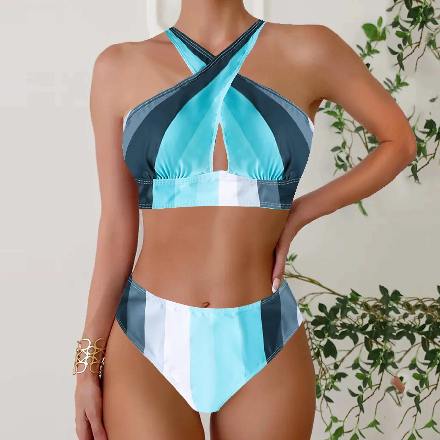 Floral Print Patchwork Black 2 Piece Set Tankini, Round Neck High Waist Stretchy Swimsuits, Women's Summer Bikini Beachwear