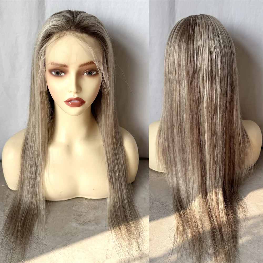 Ash Blonde Highlights Transparent Lace 13x4 Lace Frontal Wig Human Hair Blonde 24inchs Full Lace Human Hair Wig for Women
