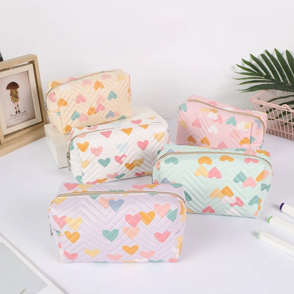 Girls PU Leather Love Pencil Case Colourful Cute Wrinkle Pencil Bag Large Capacity Multi-function Stationery Bag Students