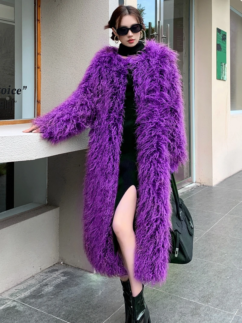 Lady Shaggy Outerwear Purple Faux Fur Coat Stylish Long Jacket Streetwear Women\'s Clothing Promotion