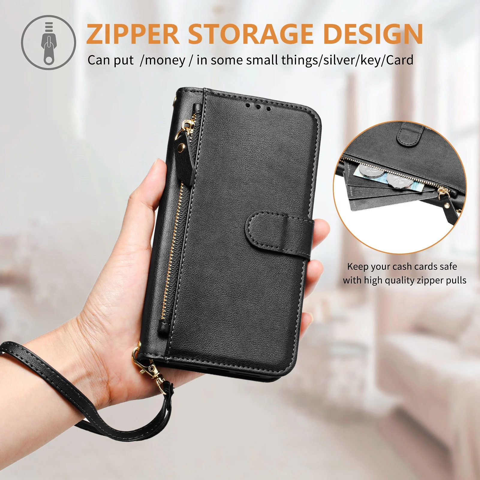

Compatible with iPhone 16e 16 15 Pro Max 16 Plus Wallet Case with Card Slot Zipper Flip Folio with Lanyard Strap Kickstand Cover