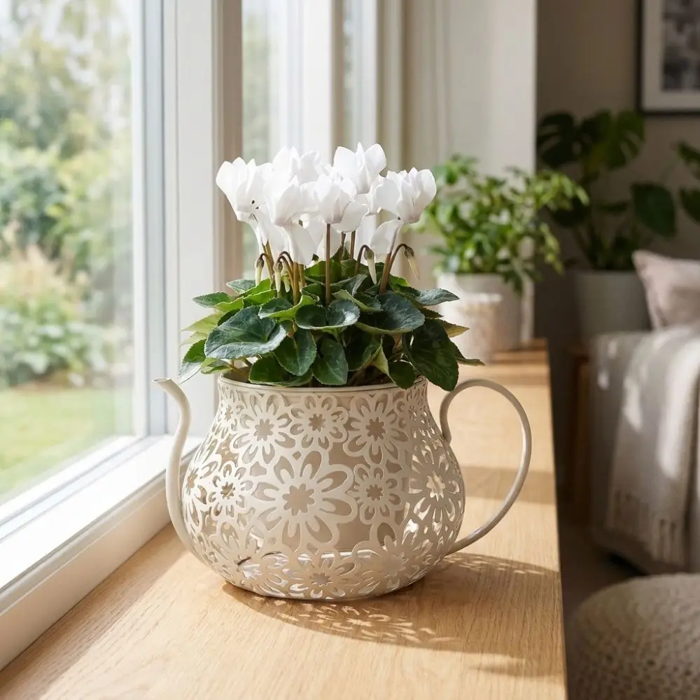 Practical Retro Hollow Teapot Flowerpot Floral Cutout Double Layer Flower Pot Wrought Iron Vintage Flowerpot Balcony