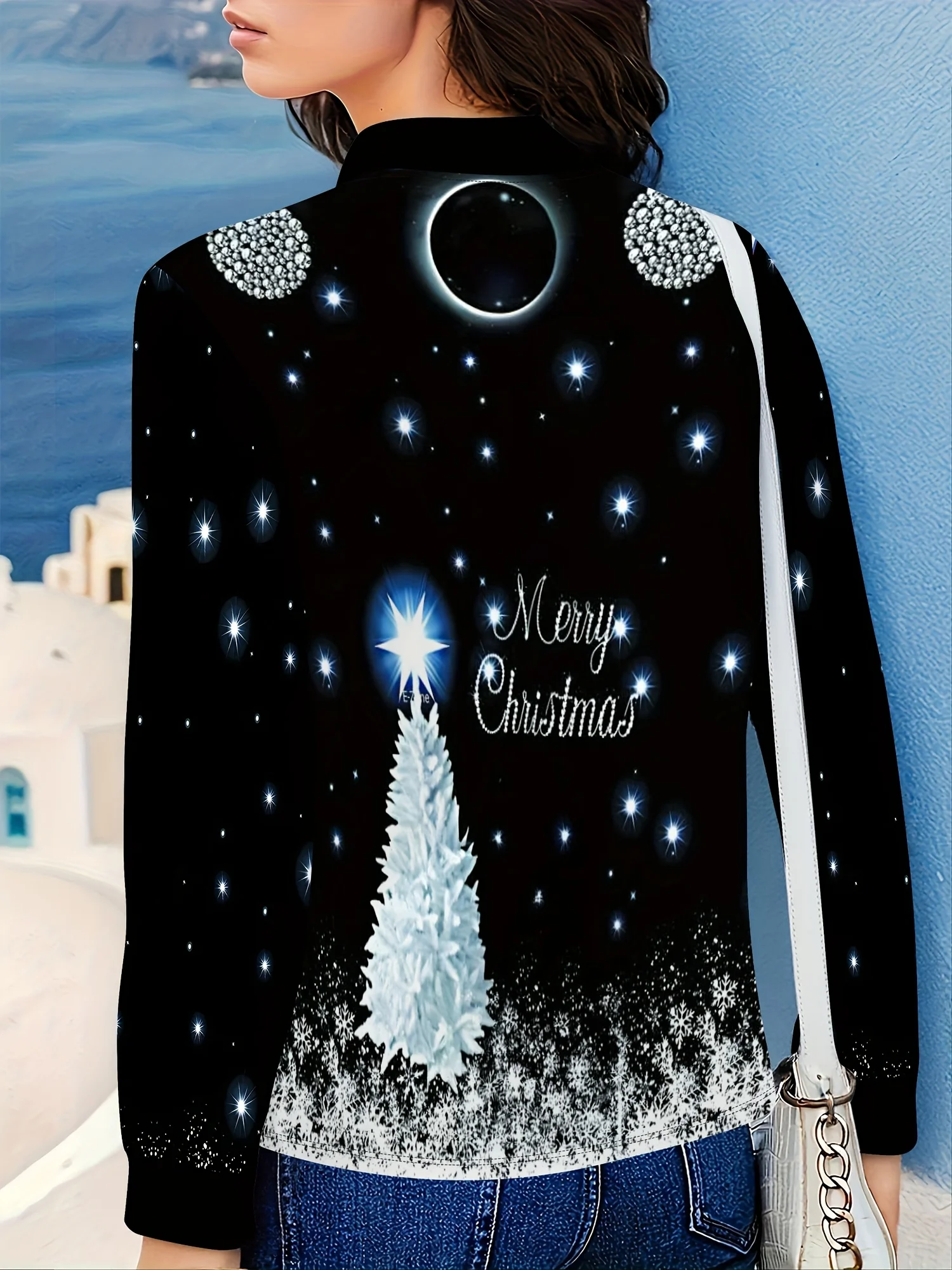 Dámská vánoční bunda s otevřeným předním dílem, dlouhý rukáv, sváteční design, univerzální celoroční nošení, elegantní párty styl do kanceláře - náhled 2