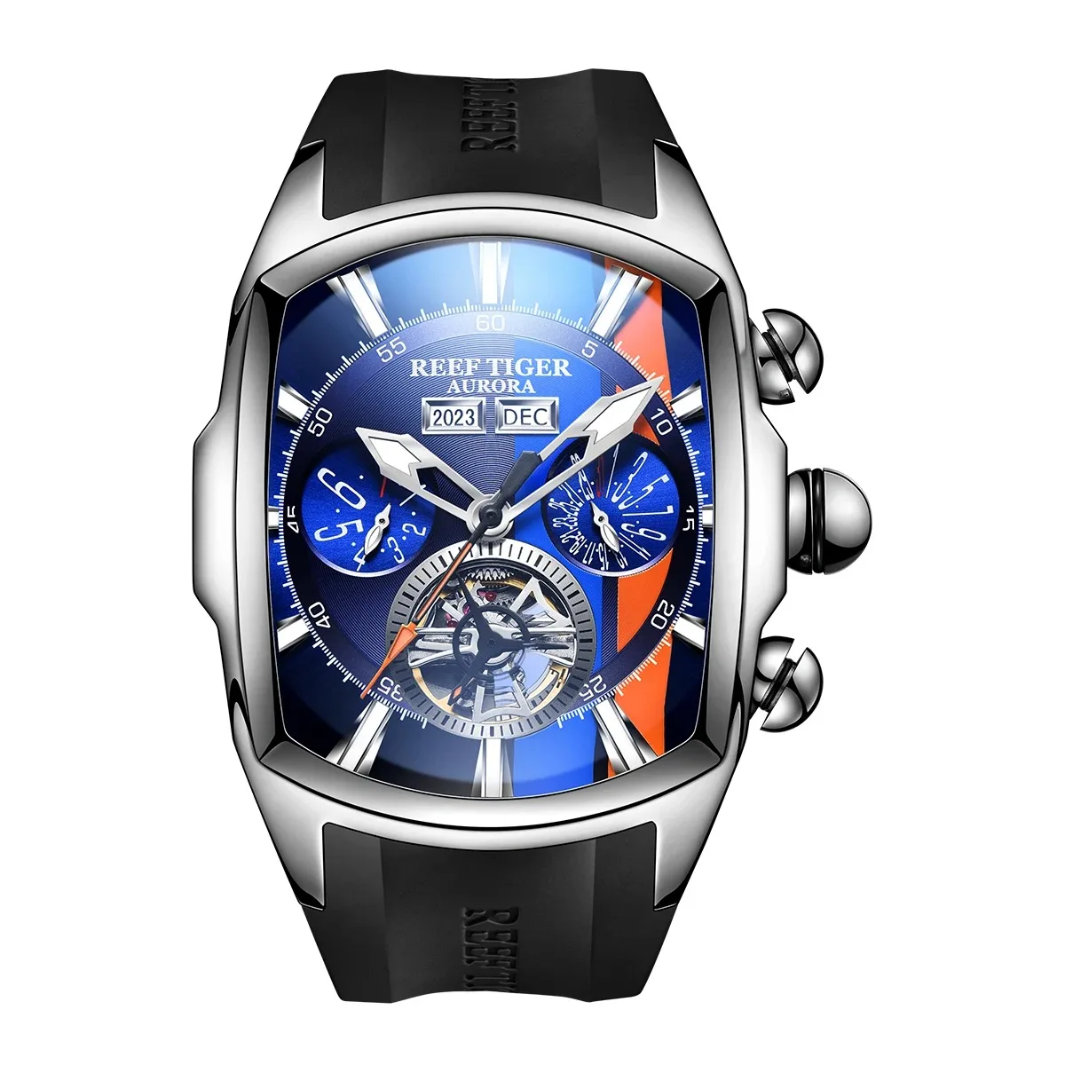 Reef Tiger Men Automatic Watch Tonneau Case Mechanical Wristwatch Racing Dial Luminous Multi-dial Year Month Week Date