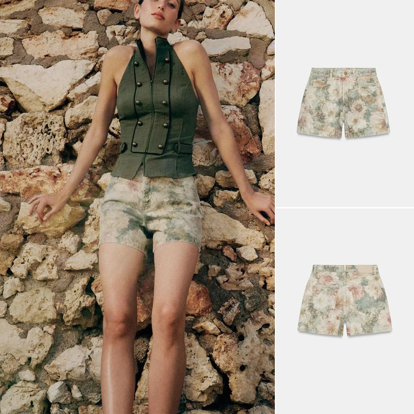 

Summer New Casual Women's Mid-Waist Metal Button Zipper Floral Print Shorts Straight Leg Loose Fit Polyester Fiber Ladies