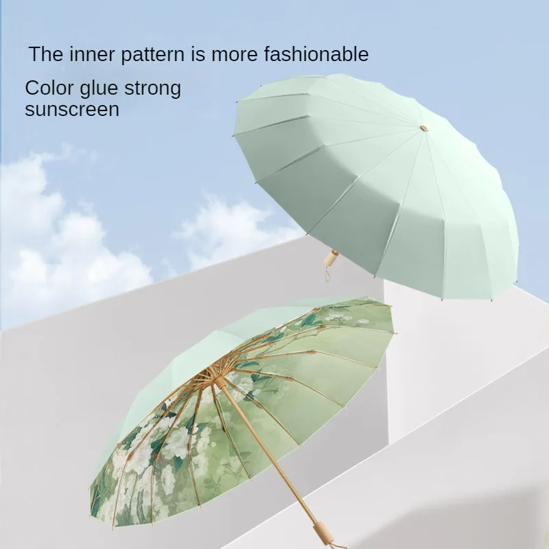 16-rib Three-fold Enlarged Sunshade Color Glue Sun Protection Anti-UV Sun Umbrella for Both Rain and Shine