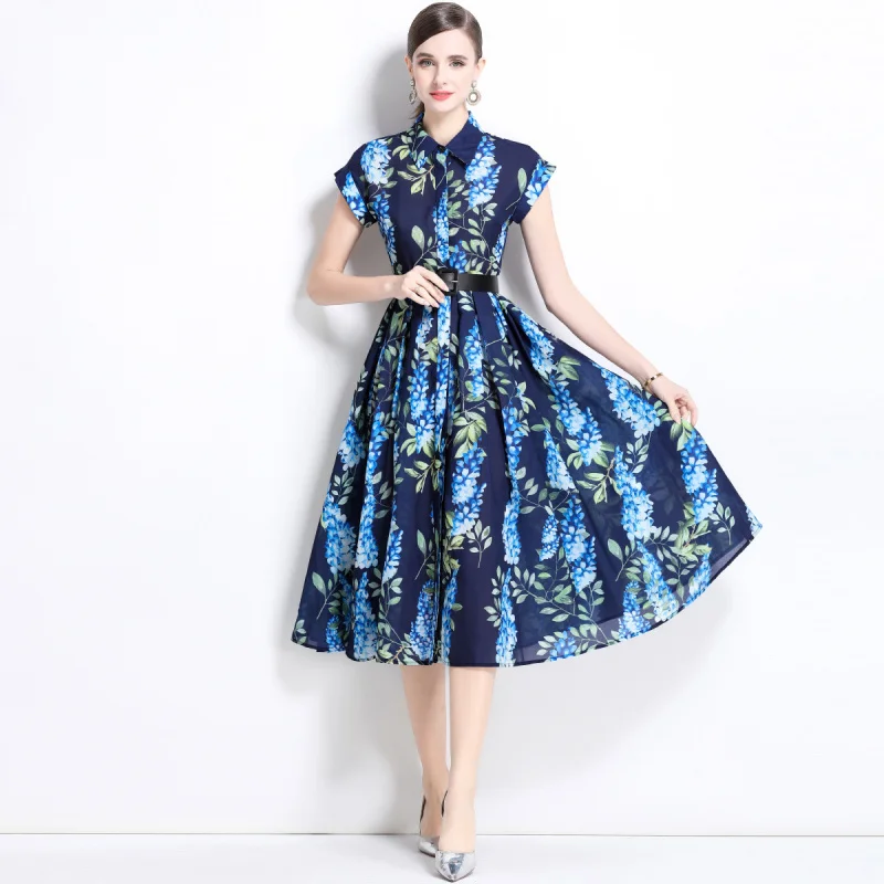 

2025 Spring/Summer New Women's Elegant Retro Print Lapel Short Sleeve Midi Dress (with Belt) A001