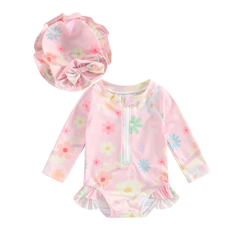 

Infant Baby Clothing Girl Swimsuit Lovely Floral Print Long Sleeve Zip-up Romper Bathing Suit with Swim Cap Swimwear