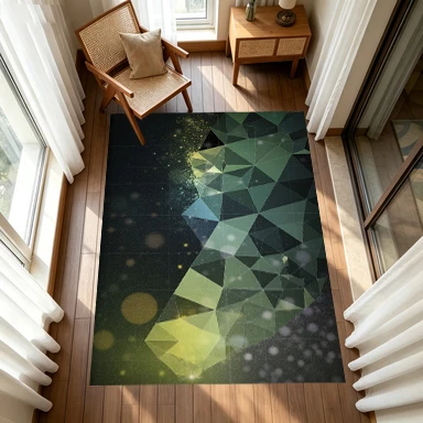 Dark Green Low-Poly Geometric Mountain Carpet Floor Decoration Abstract Triangular Art Non-Slip Carpet with Golden Bokeh Decoration