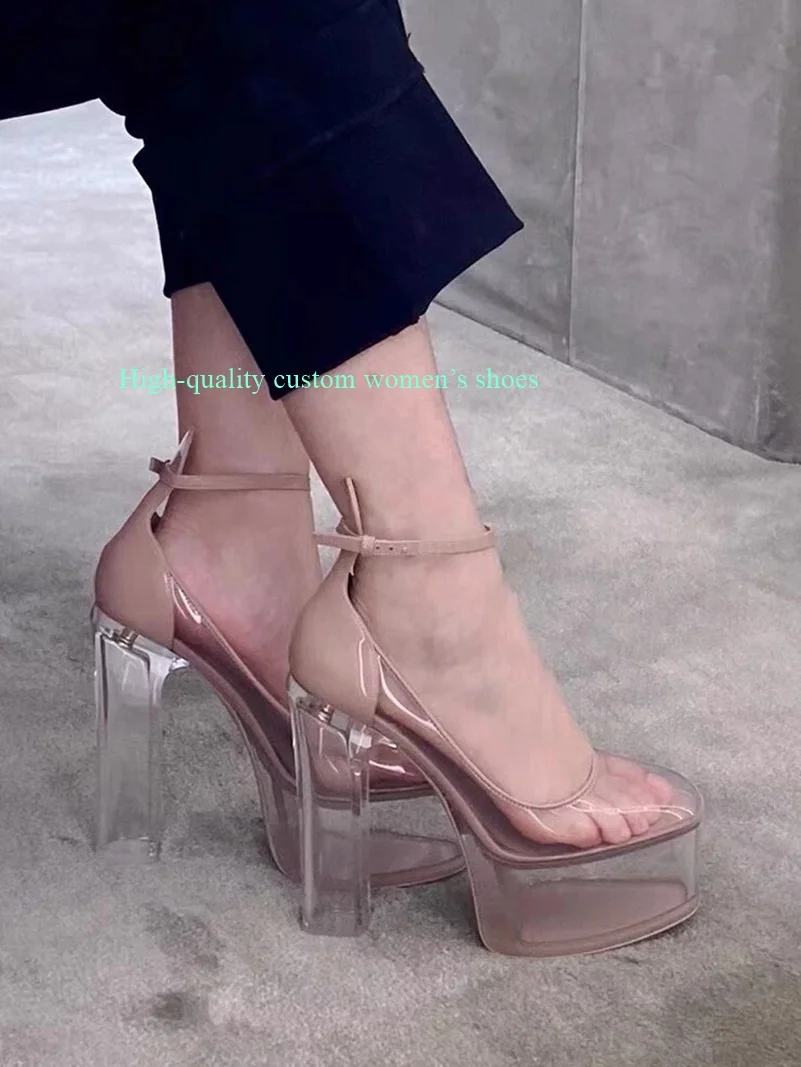 

Transparent Version Super High Waterproof Platform Chunky High Heels Low-Cut Shoes Transparent Shoe Upper Luxury High Heels