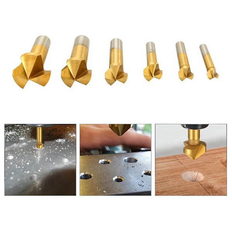 Promotion! 6Pcs Round Shank 3 Flute 90 Degree HSS Chamfer Chamfering Cutter End Mill Tool Countersink Drill Bit Set