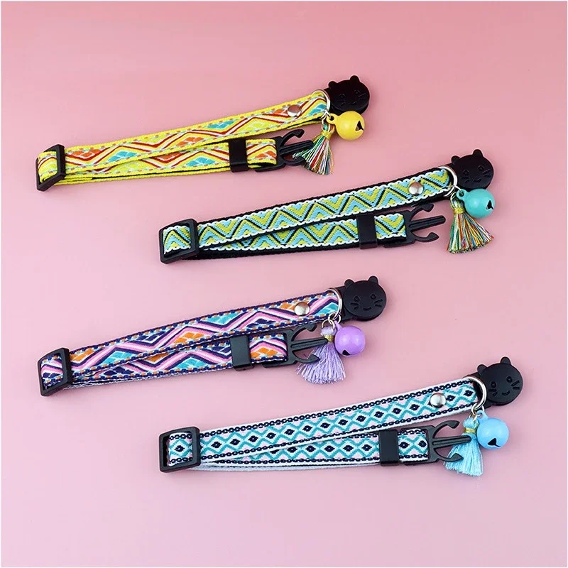 Pet Supplies Cat Collar Anti-choking Collar Cat Face Buckle Ethnic Jacquard Cat Collar with Bell Adjustable Safety Necklace