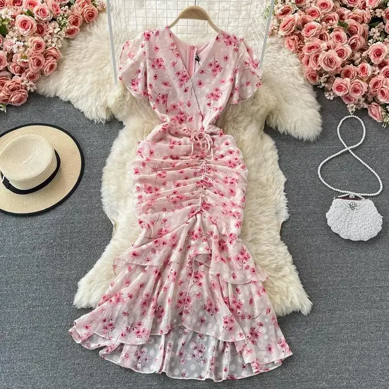 

2023 Summer French Vintage Gentle Style Ruffle V-neck Fishtail Bag Hip Chiffon Floral Dress Fashion Dress Sexy Dress Summer