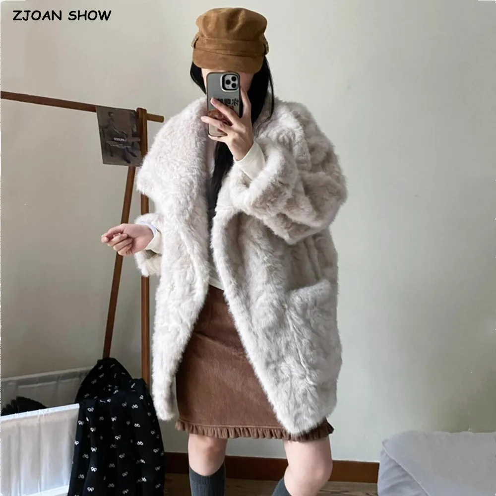 HIGH QUALITY Winter Large Lapel Embossing Flower Fur Coat Long sleeve Warm Shaggy Faux Fur Jacket Loose Coat Contrast color Tips