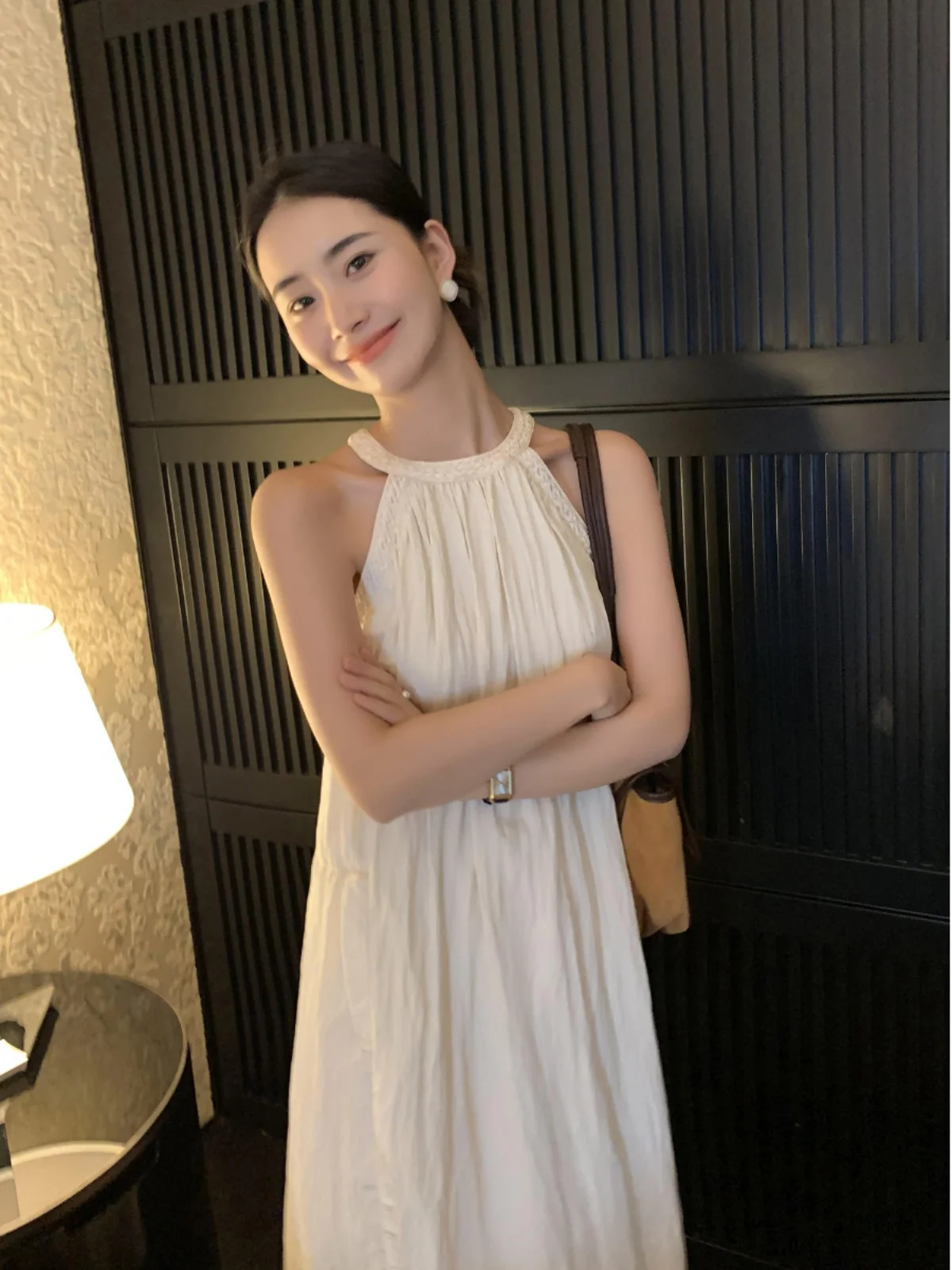 Apricot Halter Dress for Women Summer High-Grade A- line Large Hem Long Dress Loose Temperament Vest Dress Dress Dress