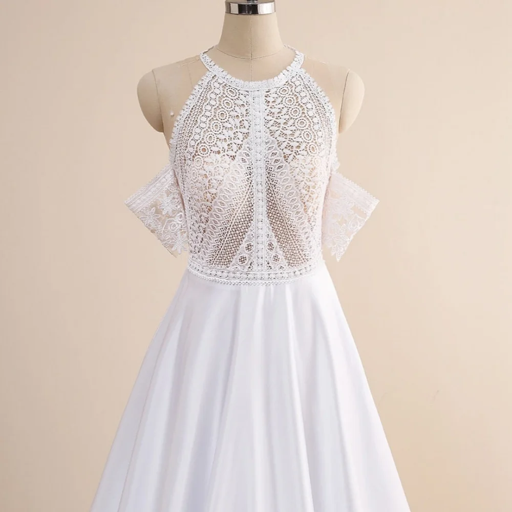 Vestidos de novia Boho con cuello Halter, vestido de novia de línea A de encaje, ilusión de satén elegante, vestidos de novia con hombros descubiertos personalizados, nuevo