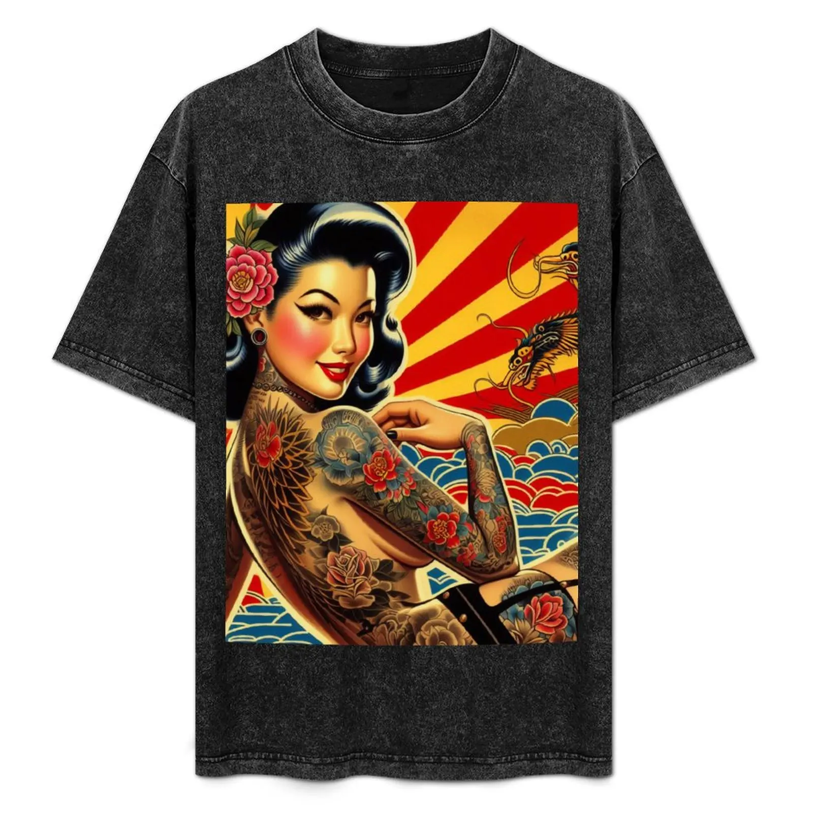 Vintage Oriental Tattoo Girl T-Shirt heavyweights Short sleeve tee designer shirts sports fans black t-shirts for men