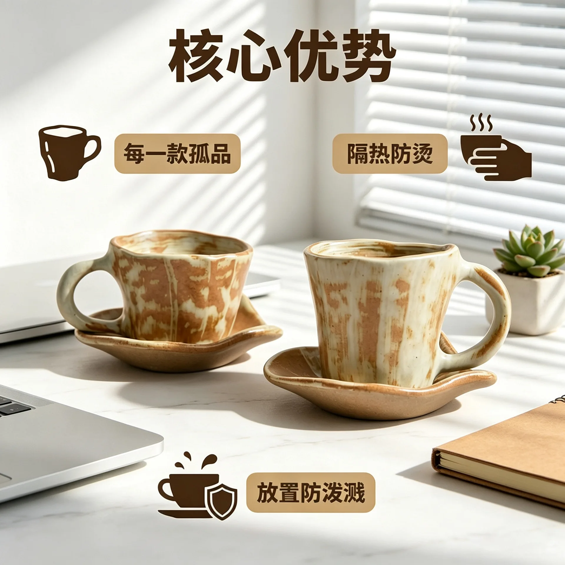 HYS coffee cup set high-end exquisite retro coarse pottery creative sense ceramic latte latte flower cup