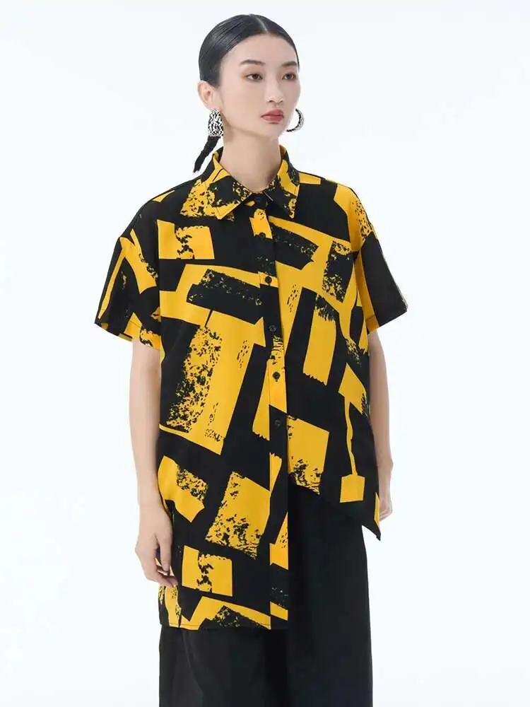 

Women Yellow Pattern Print Irregular Big Size Blouse New Lapel Short Sleeve Shirt Fashion Tide Spring Summer