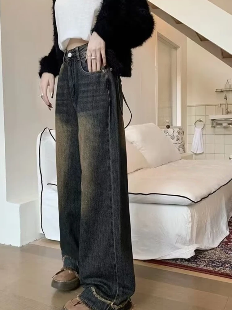 Estilo americano do vintage de cintura alta baggy perna reta jean feminino nova moda coreano alta rua calças jeans streetwear