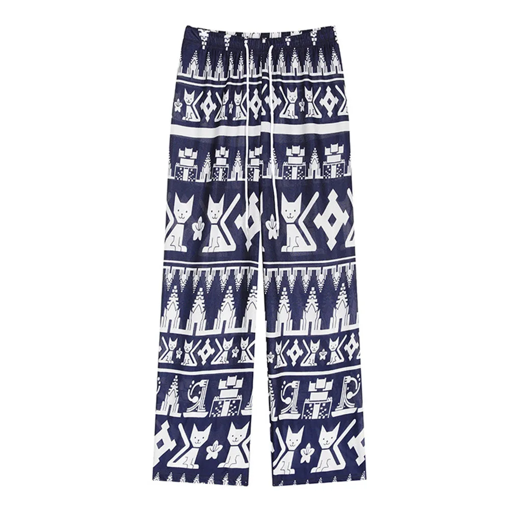 Women Ice Silk Printed Elastic Waist Wide Leg Loose Straight Trousers Casual Sleepy Home Pants For Spring Summer