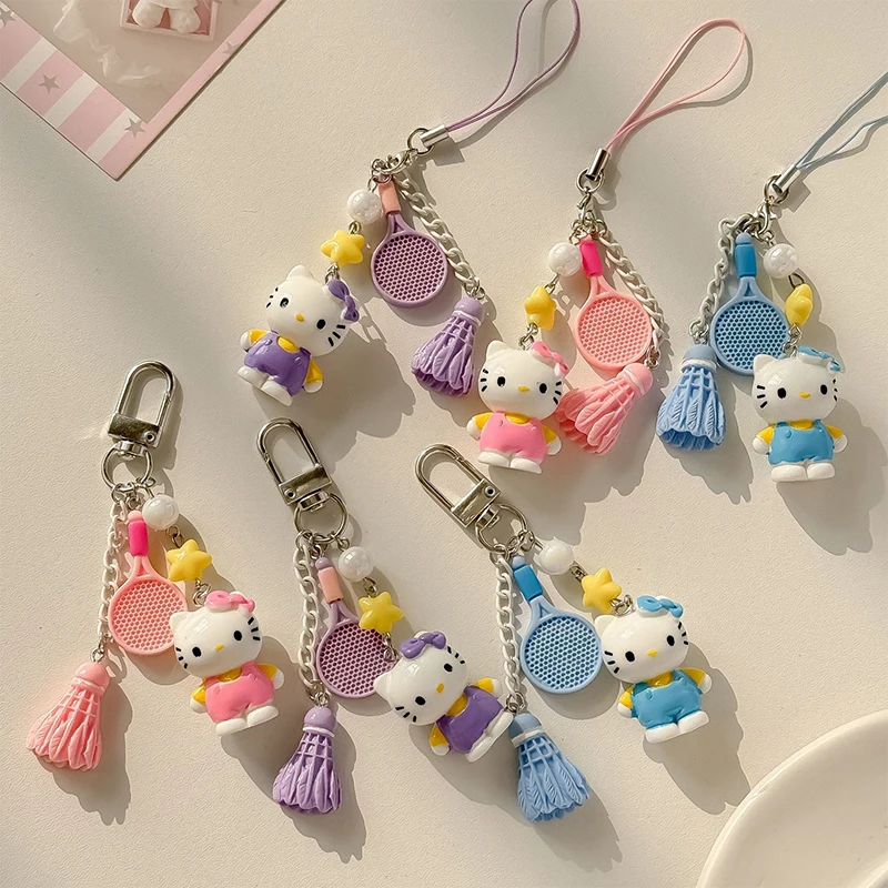 Kawaii Hello Kitty Badminton Key Chain Sanrio KT Cat Shuttlecock Phone Chain Sweet Cool Earphone Case Lanyard Bag Decor Pendant