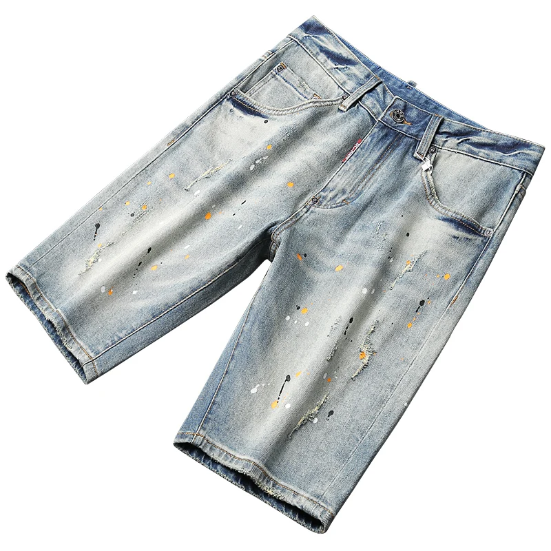 Newly Fashion Designer Men Jeans Summer Trends Retro Blue Elastic Painted Ripped Short Jeans Hip Hop Vintage Denim Shorts Men