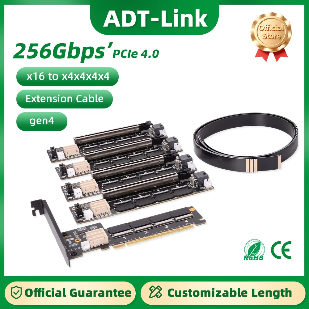 

ADT-Link PCI-E 4.0 X16 FFC Graphics Card Extension Cable Supports One to Four x4x8 Split Gen4 256G/bps Riser Adapter for Chassis