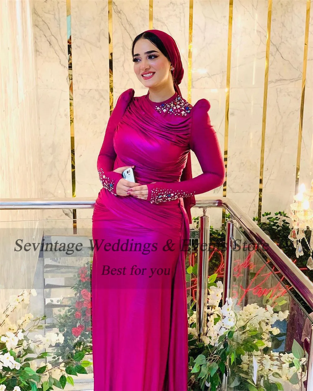 Sev bescheidene fuchsia muslimische arabische Ballkleider lange Ärmel Pailletten Satin formelle Abendkleid Frauen Party kleider