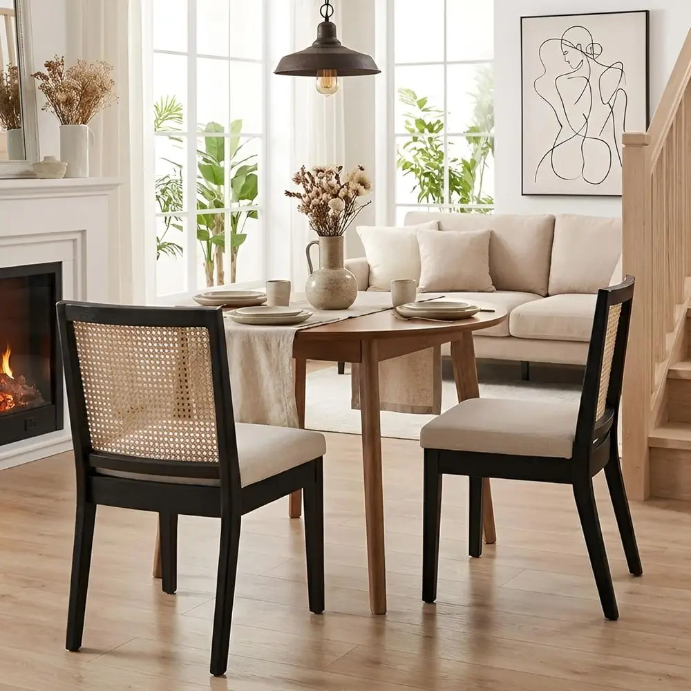 

Cream Linen Cushioned Square Rattan Back Dining Chairs with Wood Legs, Set of 2